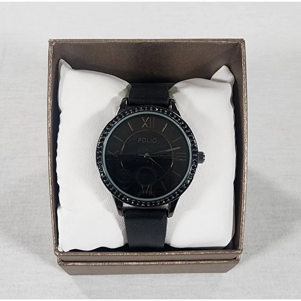 Folio Watch Men Black Vegan Leather Metal Fashion Roman Numeral Bezel Analog NEW